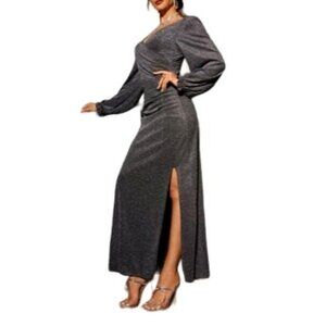 SHEIN -SILVER MODERLY SURPLICE NECK BISHOP SLEEVE SPLIT GLITTER DRESS SIZE LARGE